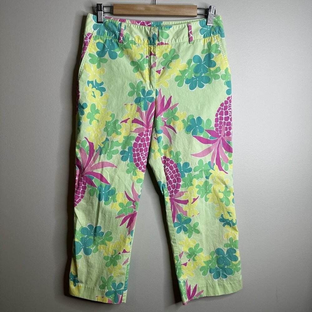Vintage‎ Lilly Pulitzer Pants 6 Green Pink Stretch Pineapple Tropical Resortwear